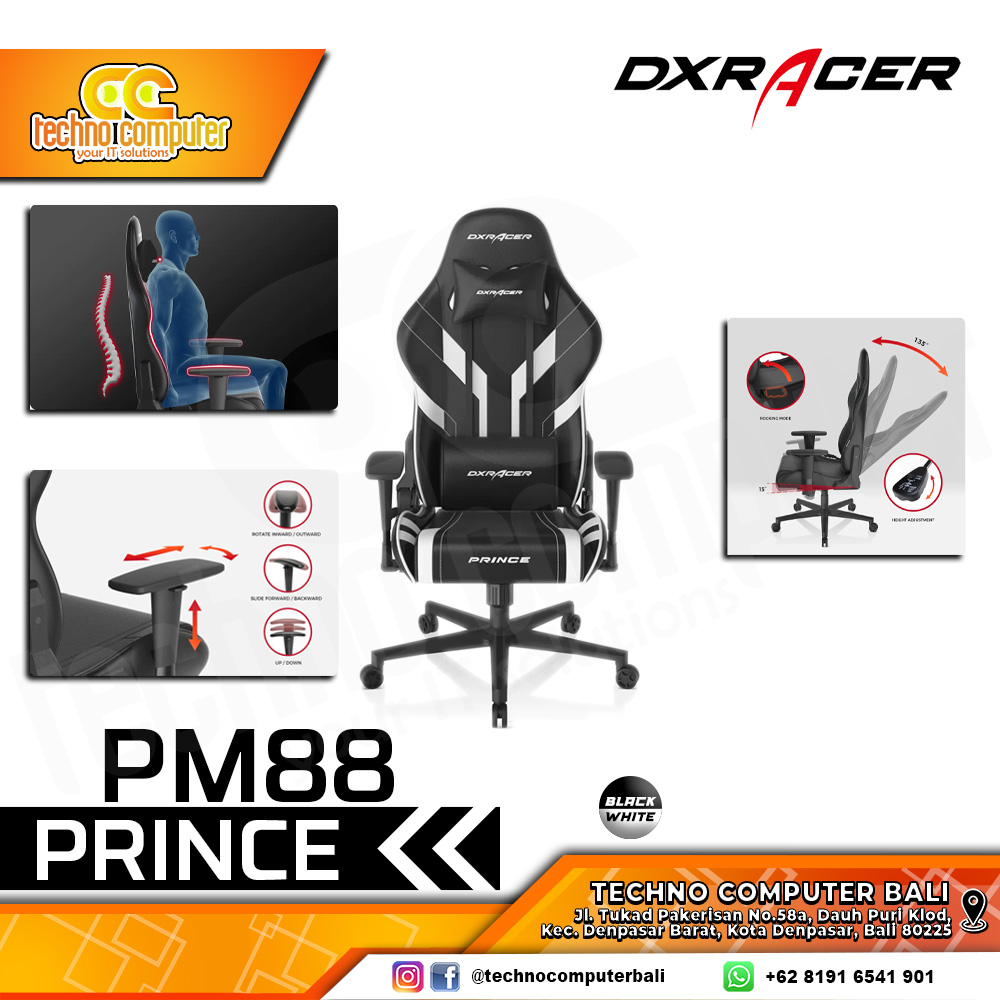 KURSI GAMING DXRACER PRINCE SERIES GAMING CHAIR 3D Armrest - BLACK/WHITE