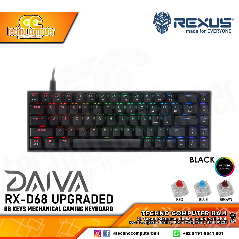 REXUS DAIVA RX-D68 Black Upgraded - Mechanical Brown Switch - Gaming Keyboard