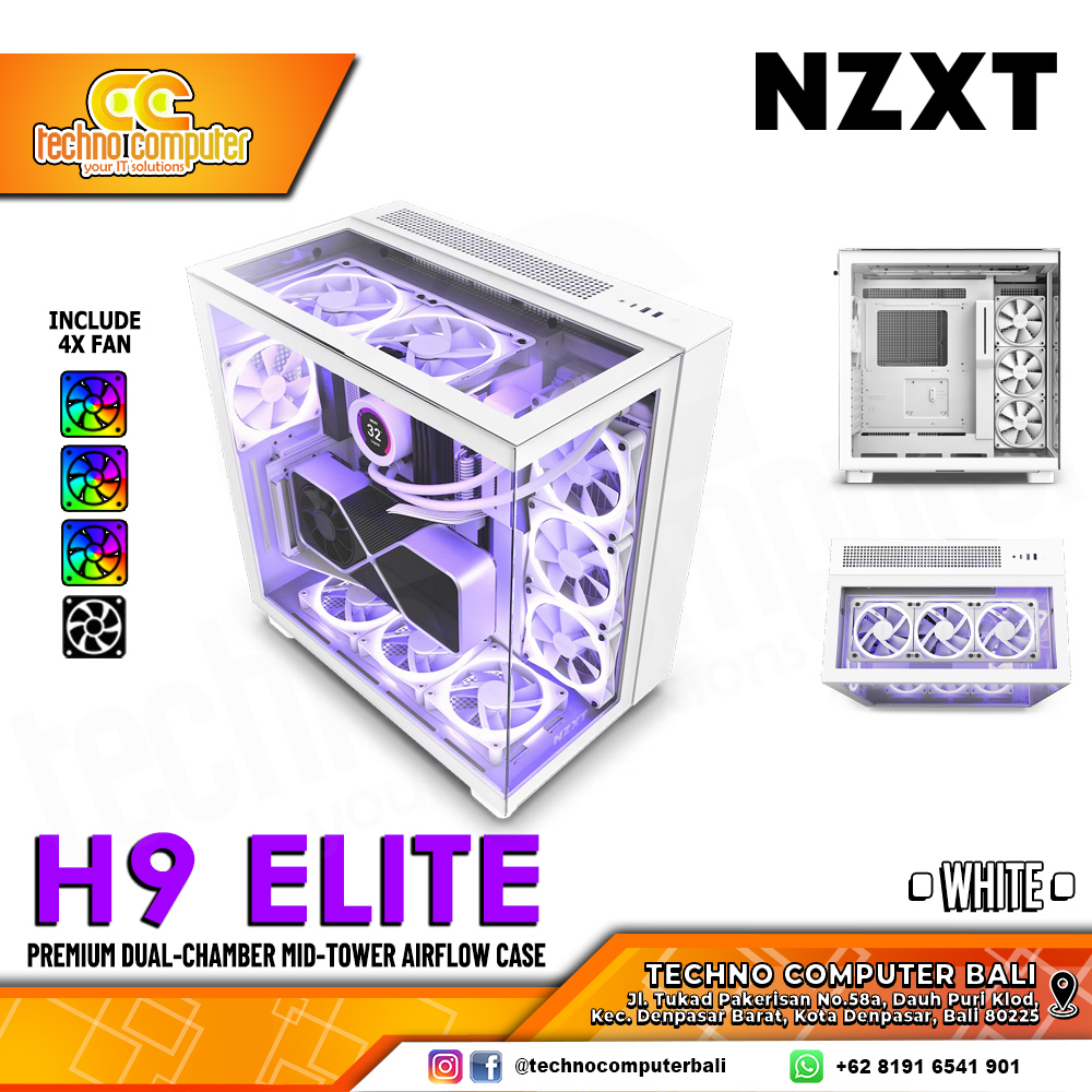CASING NZXT H9 Elite Edition White - Dual-Chamber Mid Tower ATX Case Tempered Glass (Free 4x Fan)