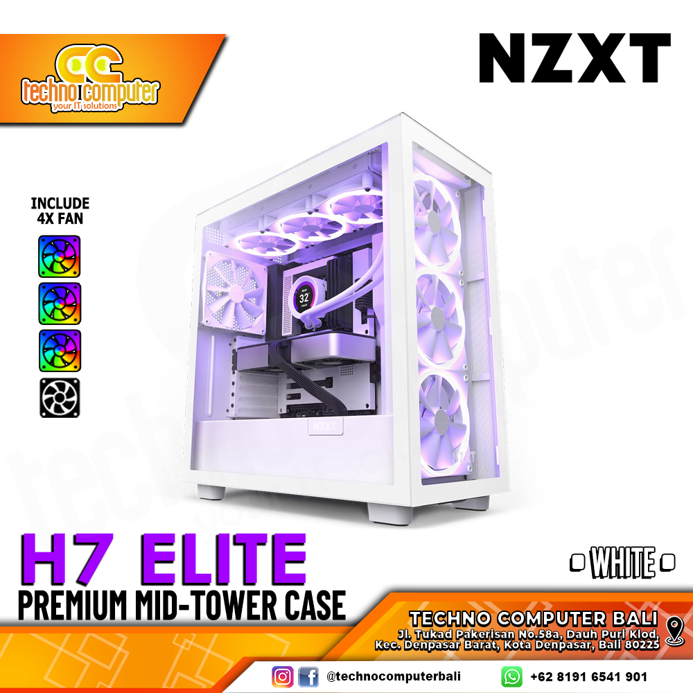 CASING NZXT H7 ELITE Edition Matte White - Mid Tower ATX Case Tempered Glass (Free 4x ARGB Fan)