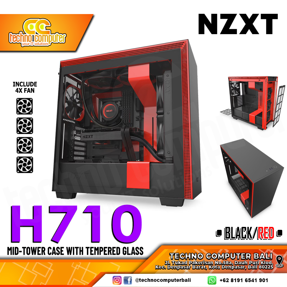 CASING NZXT H710 Black-Red - Mid Tower ATX Case Tempered Glass (Free 4x Fan)