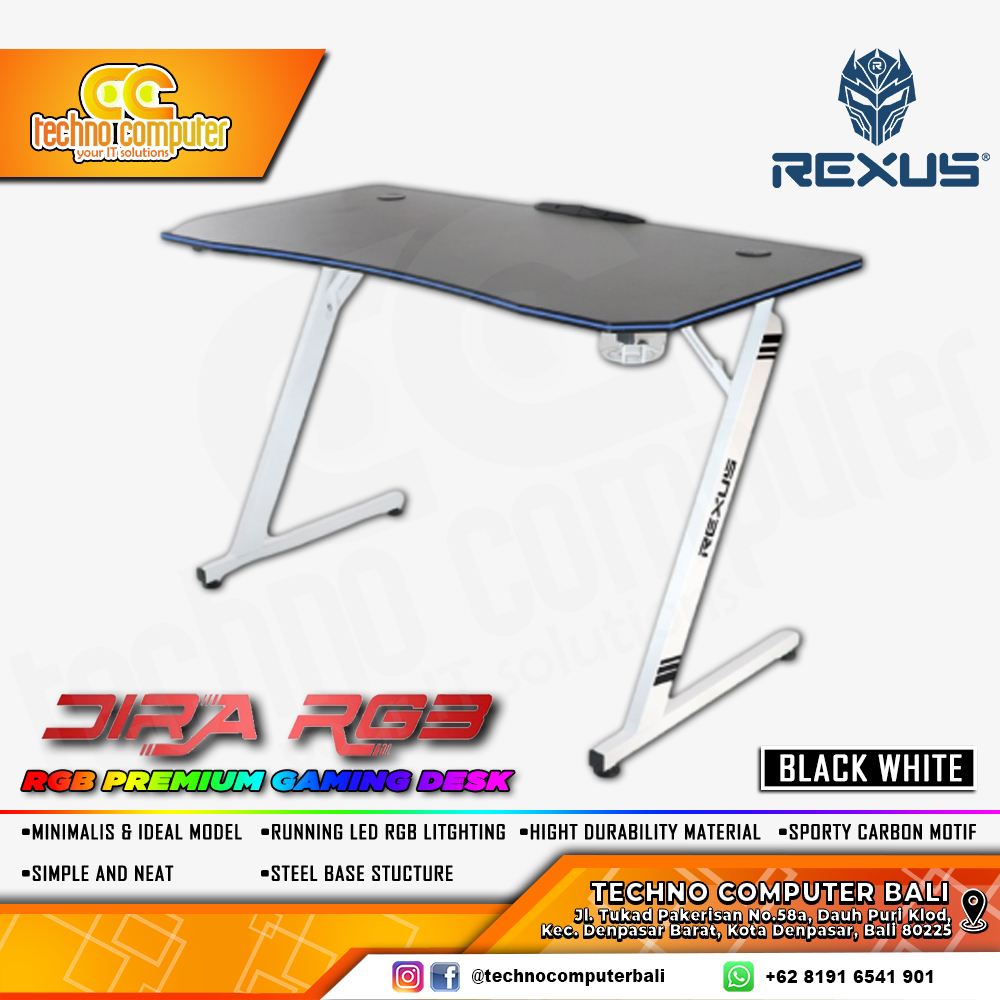 MEJA GAMING REXUS DIRA RXD-120 RGB GAMING DESK With Headphone Hook & Cup Holder - BLACK/WHITE