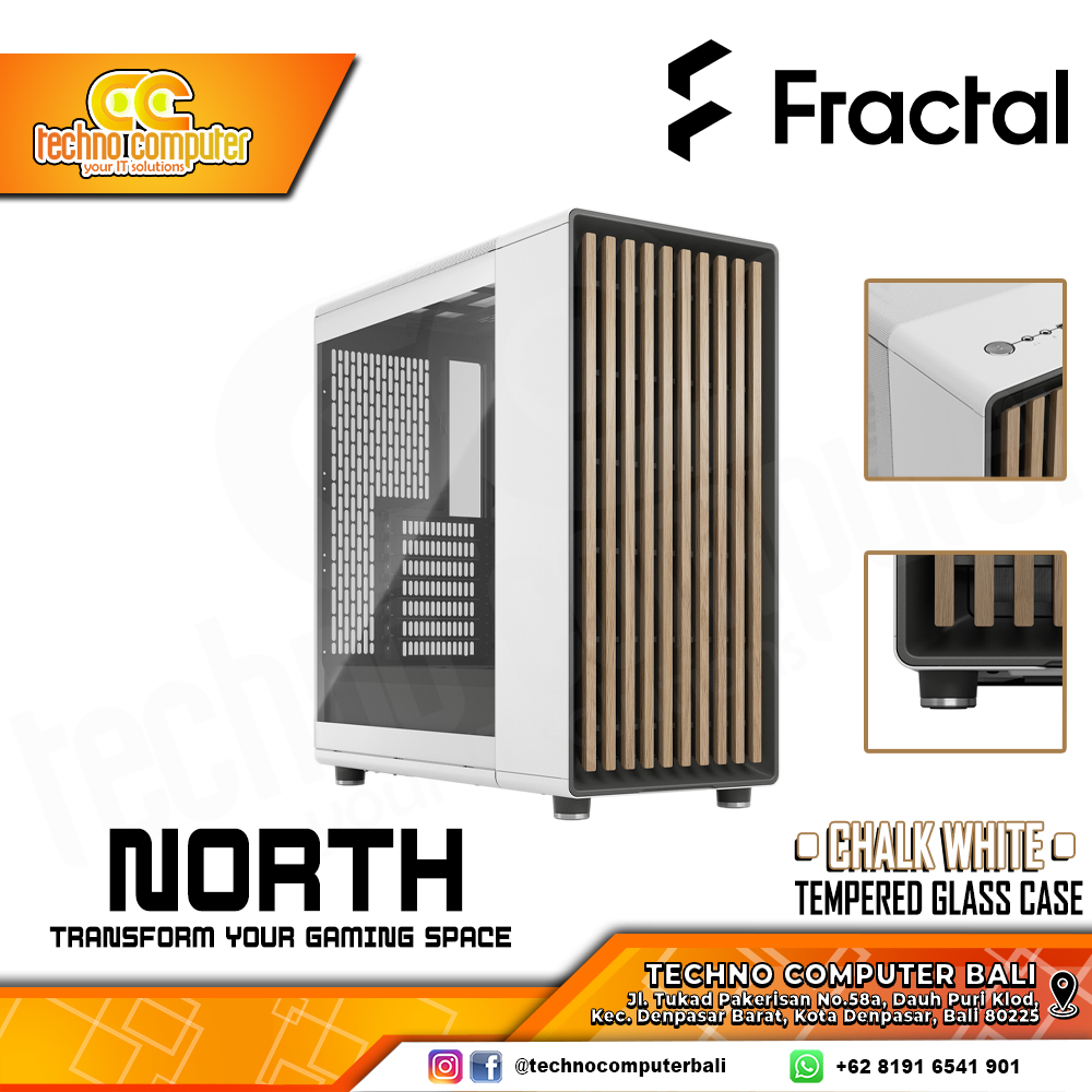 CASING FRACTAL Design NORTH Chalk White TG - Mid Tower ATX Case Tempered Glass (Free 2x Fan)