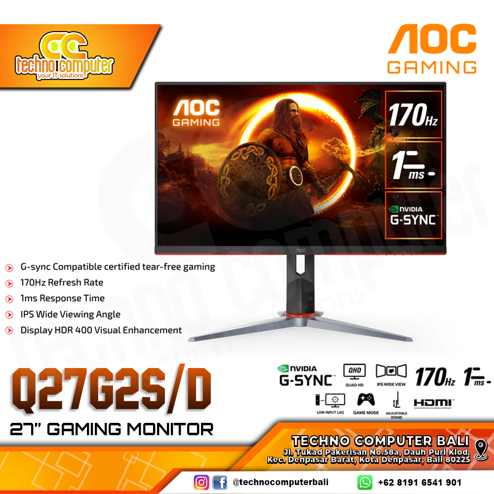 AOC Q27G2S/D/70 Gaming Monitor - 27 inch, QHD (2560 x 1440), IPS, 170Hz, 1ms, FreeSync