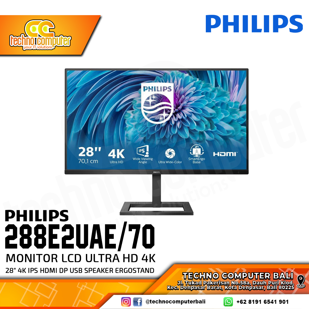 PHILIPS 288E2UAE/70 LED Monitor Ultra HD 4K - 28 inch, 4K UHD (3840 x 2160), IPS, 60Hz, 4ms
