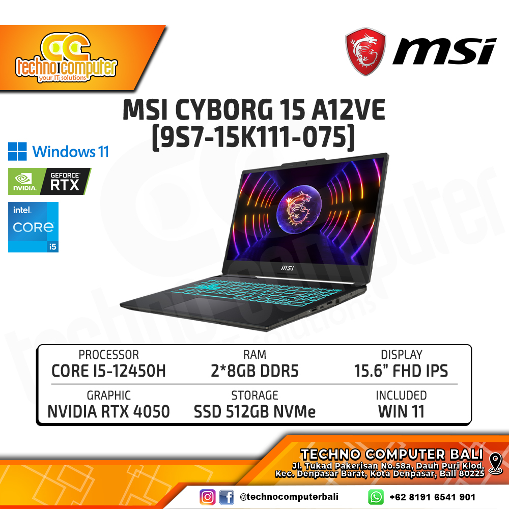 MSI Cyborg 15 A12VE [9S7-15K111-075] Intel Core i5-12450H/RAM 16GB/SSD 512GB/RTX 4050/Win11