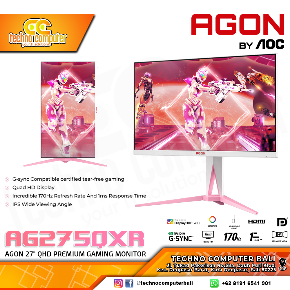 AOC AGON AG275QXR White Pink Gaming Monitor - 27 inch, QHD (2560 x 1440), IPS, HDR400, 170Hz, 1ms