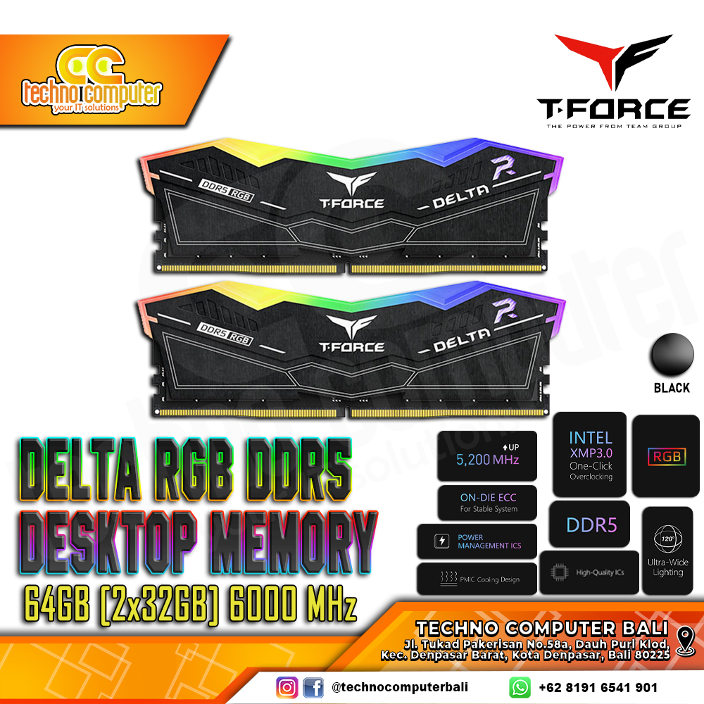 DDR5 TEAM T-FORCE DELTA RGB 64GB (2x32GB) Kit 6000Mhz - Black