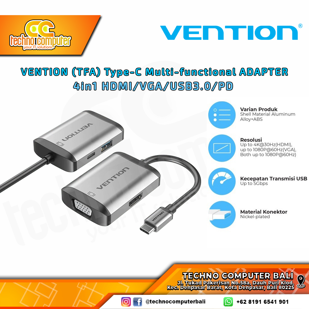 VENTION CONVERTER ADAPTER DISPLAY - Type-C Multi-functional 4in1 HDMI/VGA/USB3.0/PD - TFAHB