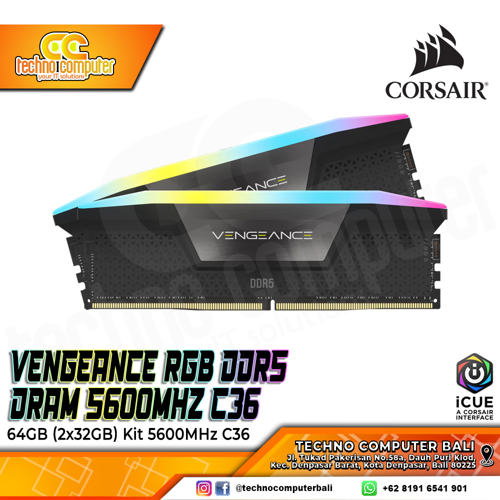DDR5 CORSAIR VENGEANCE RGB 64GB (2x32GB) Kit 5600MHz C36 - BLACK