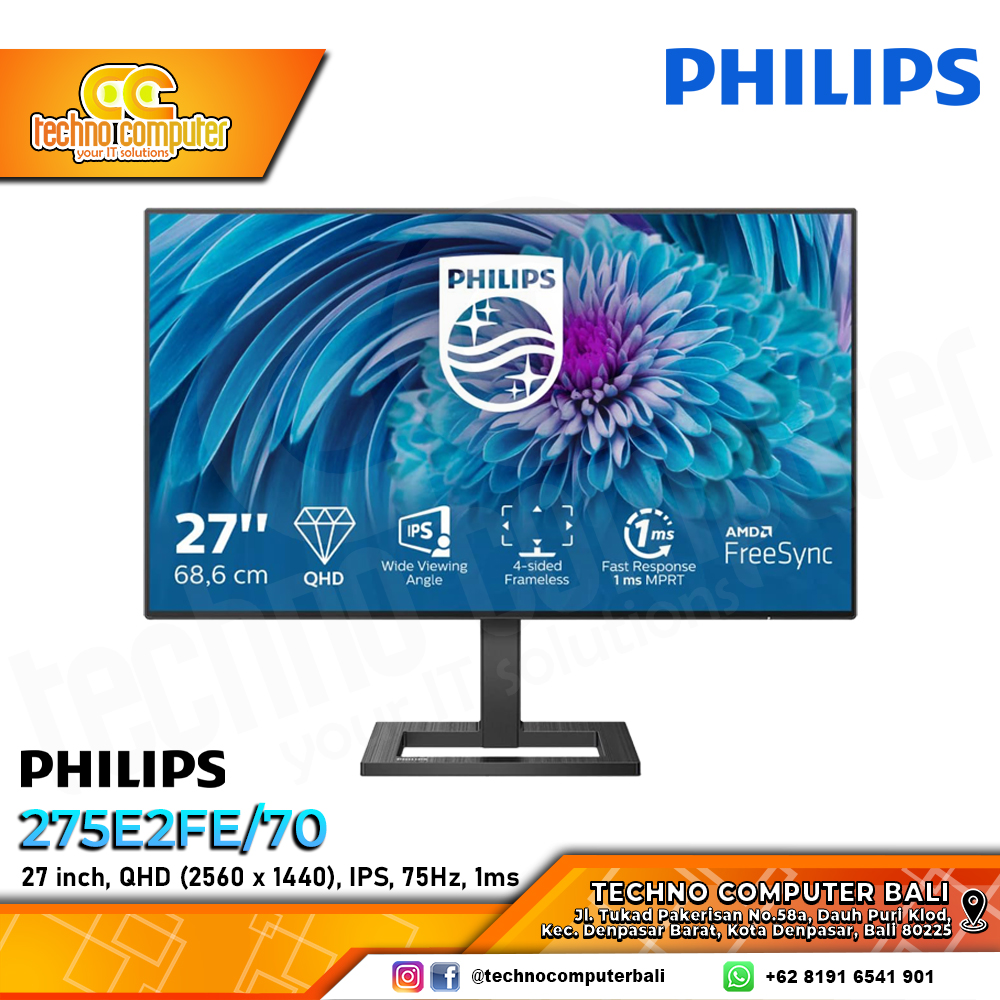 PHILIPS 275E2FE/70 LED Monitor - 27 inch, QHD (2560 x 1440), IPS, 75Hz, 4ms