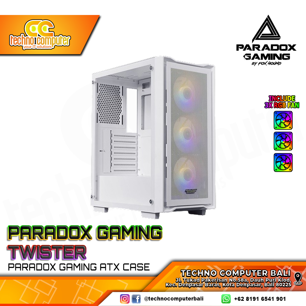 CASING PARADOX GAMING TWISTER White - Mid Tower ATX Case Tempered Glass (Free 3x RGB Fan)
