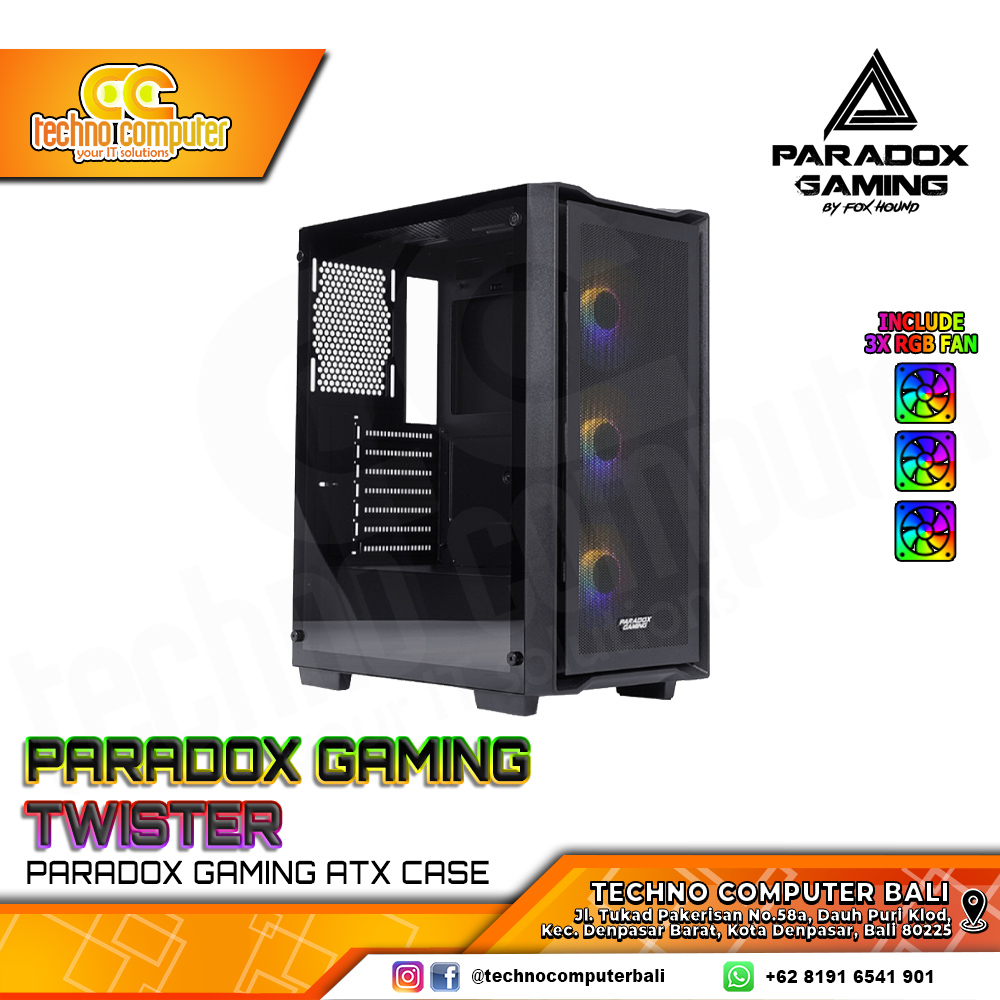 CASING PARADOX GAMING TWISTER Black - Mid Tower ATX Case Tempered Glass (Free 3x RGB Fan)