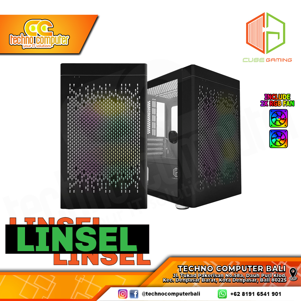 CASING CUBE GAMING LINSEL Black - Mini Tower mATX Case Tempered Glass (Free 2x RGB Fan)