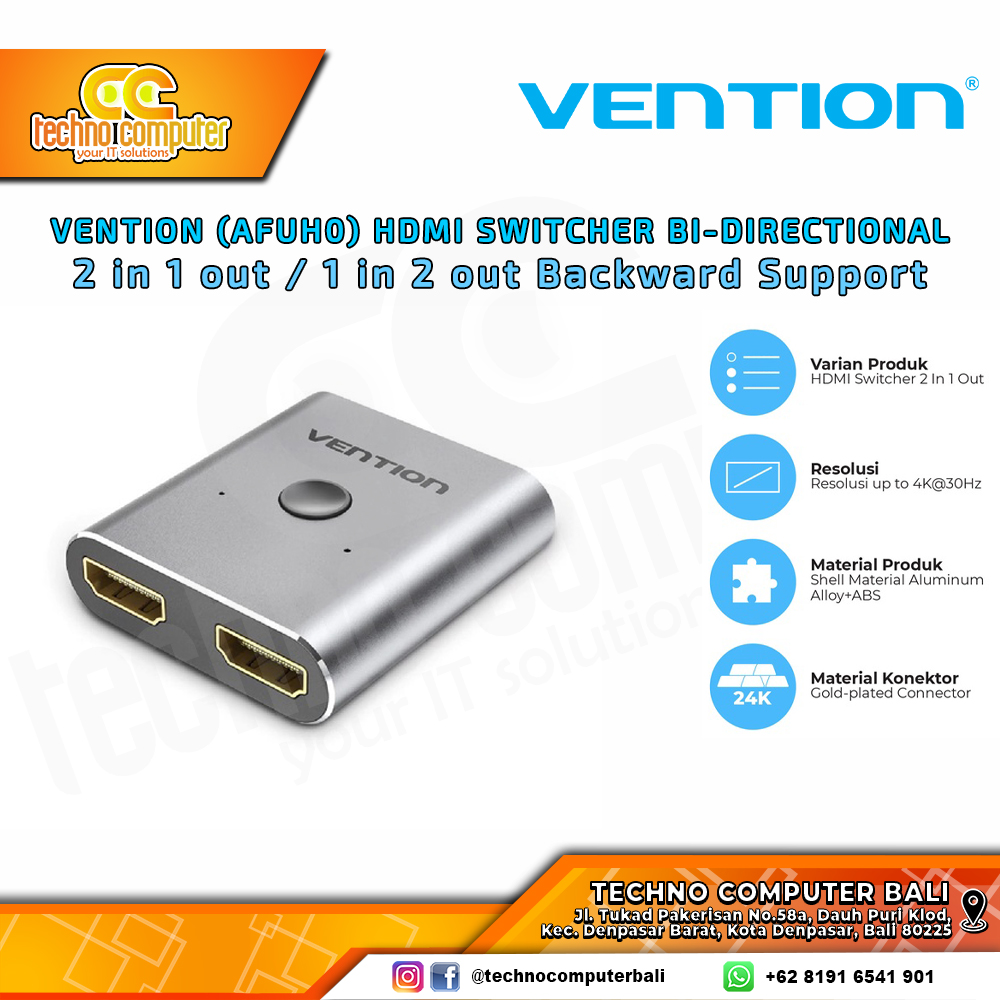 VENTION HDMI SWITCHER (2 in 1 out / 1 in 2 out) 4K Metal Alloy HDMI Switcher Bi-Directional - AFU