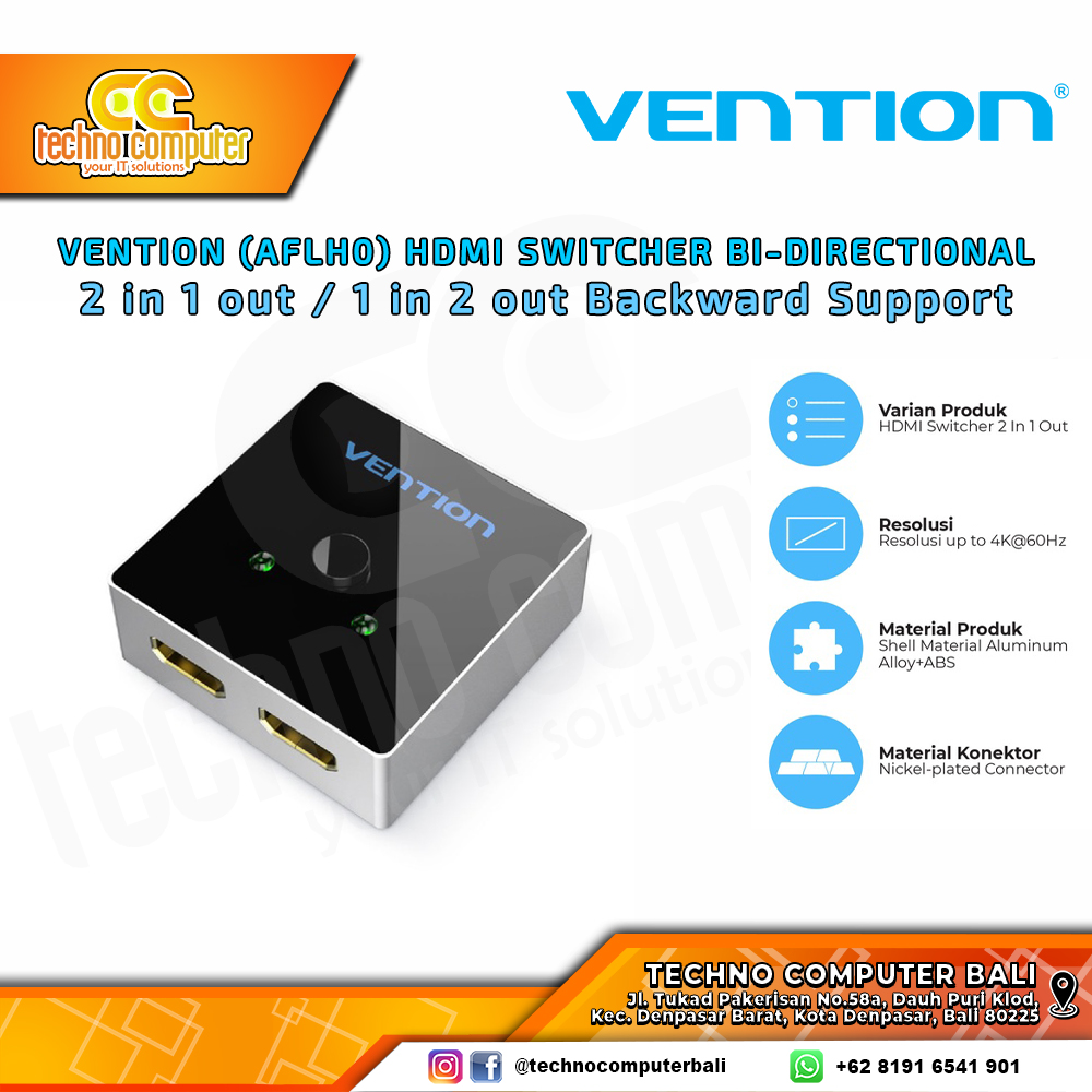 VENTION HDMI SWITCHER (2 in 1 out / 1 in 2 out) 4K Metal Glass HDMI Switcher Bi-Directional - AFL