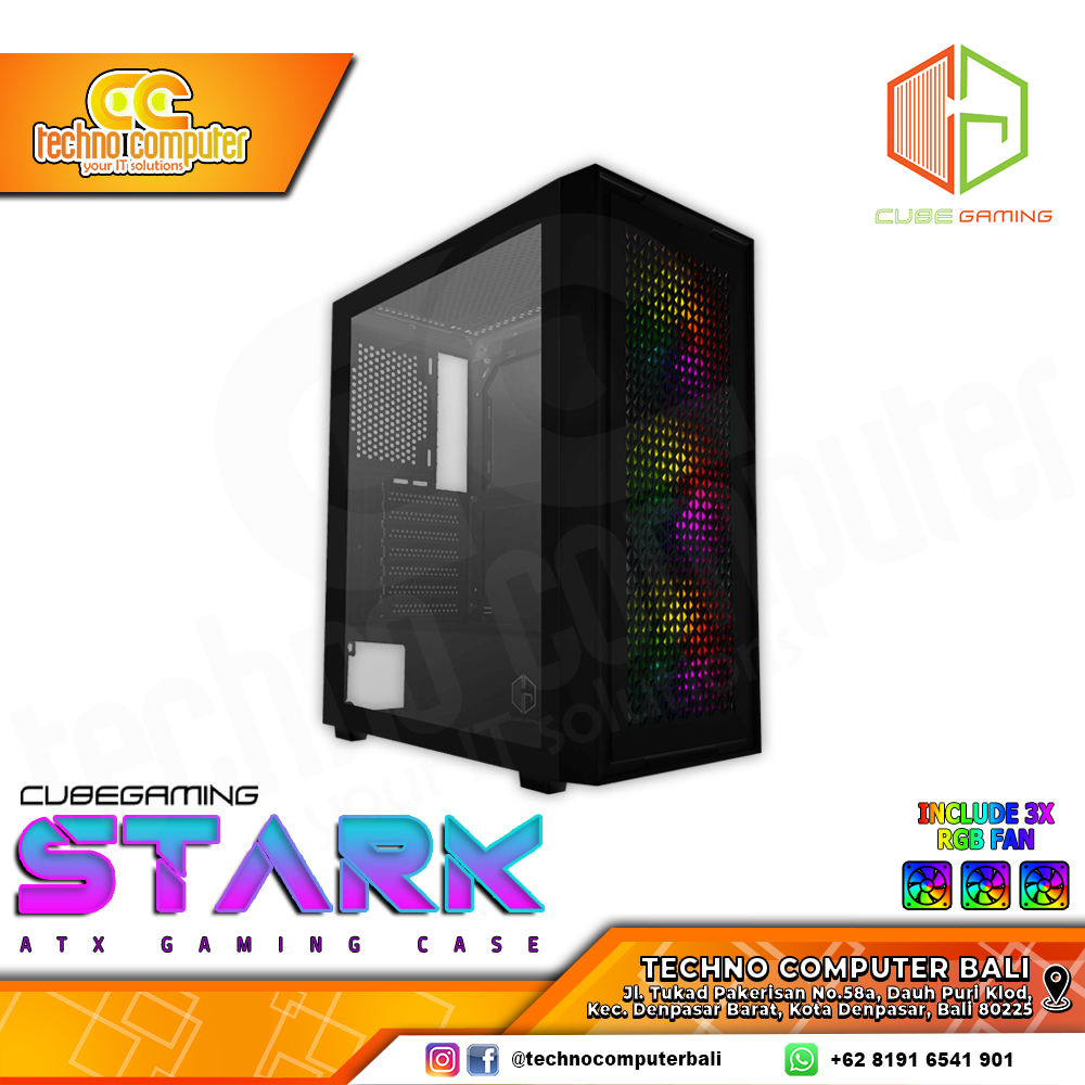 CASING CUBE GAMING STARK Black - Mid Tower ATX Case Tempered Glass (Free 3x RGB Fan)