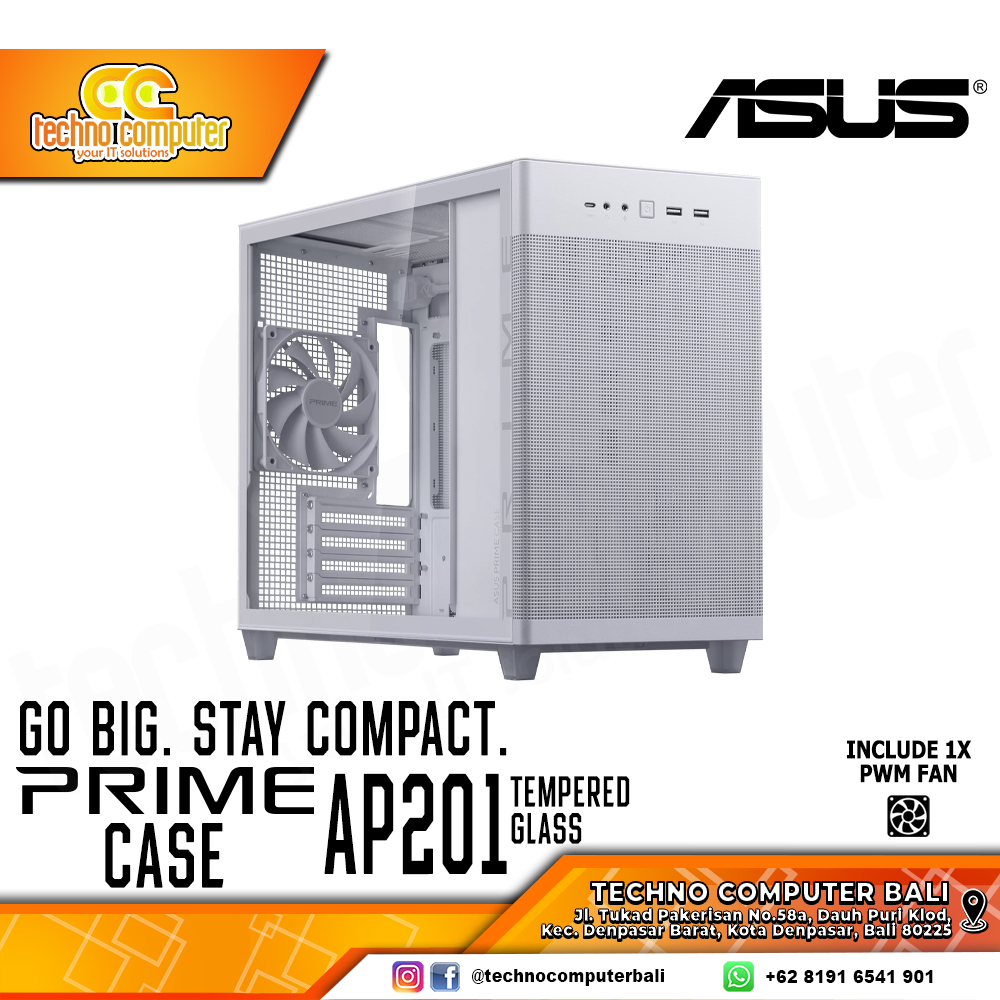 CASING ASUS PRIME AP201 TG White - Small Tower mATX Tempered Glass Case (Free 1x Fan)