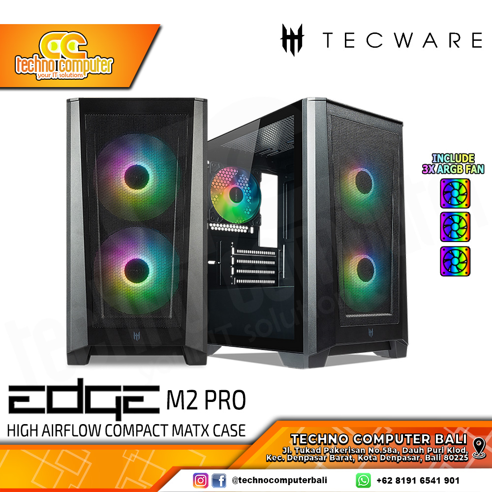 CASING TECWARE EDGE M2 PRO TG BLACK - Mini Tower mATX Case Tempered Glass (Free 3x ARGB Fan)