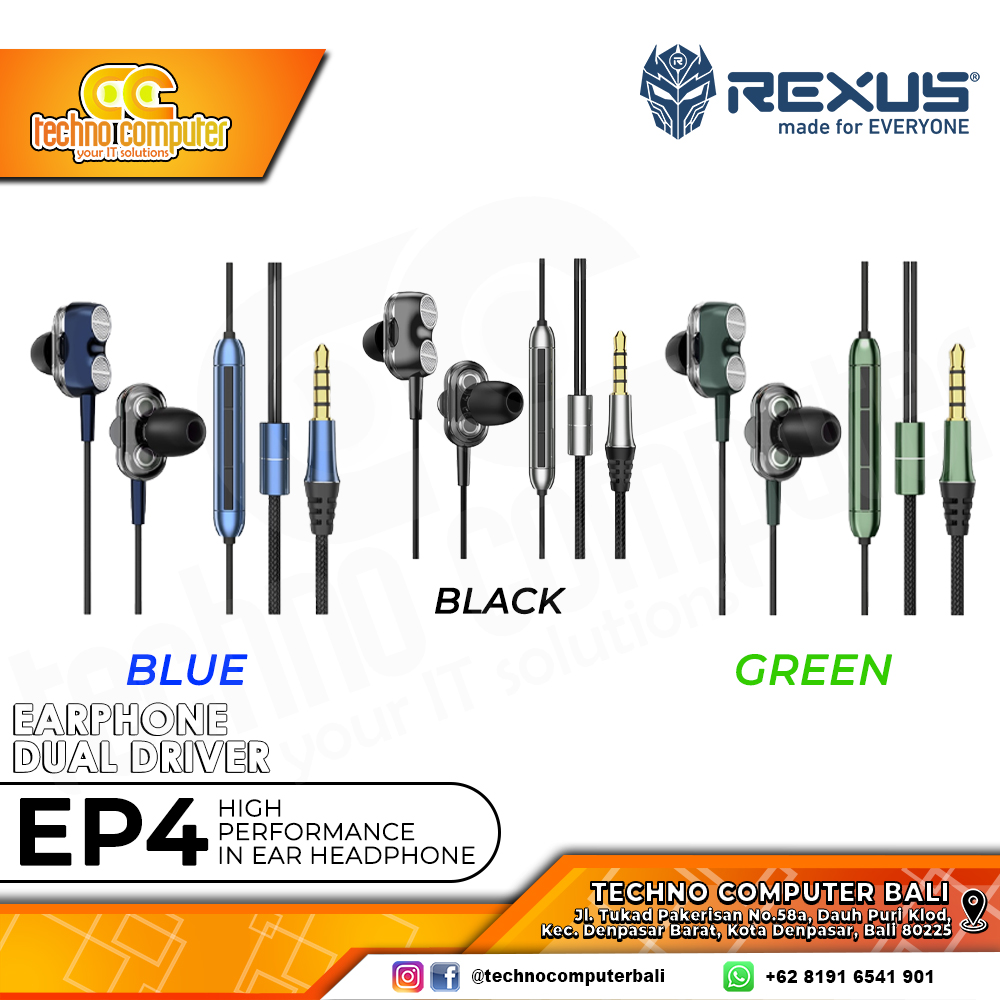 EARPHONE REXUS EP4 Dual Driver Glossy Black - Gaming Earphone