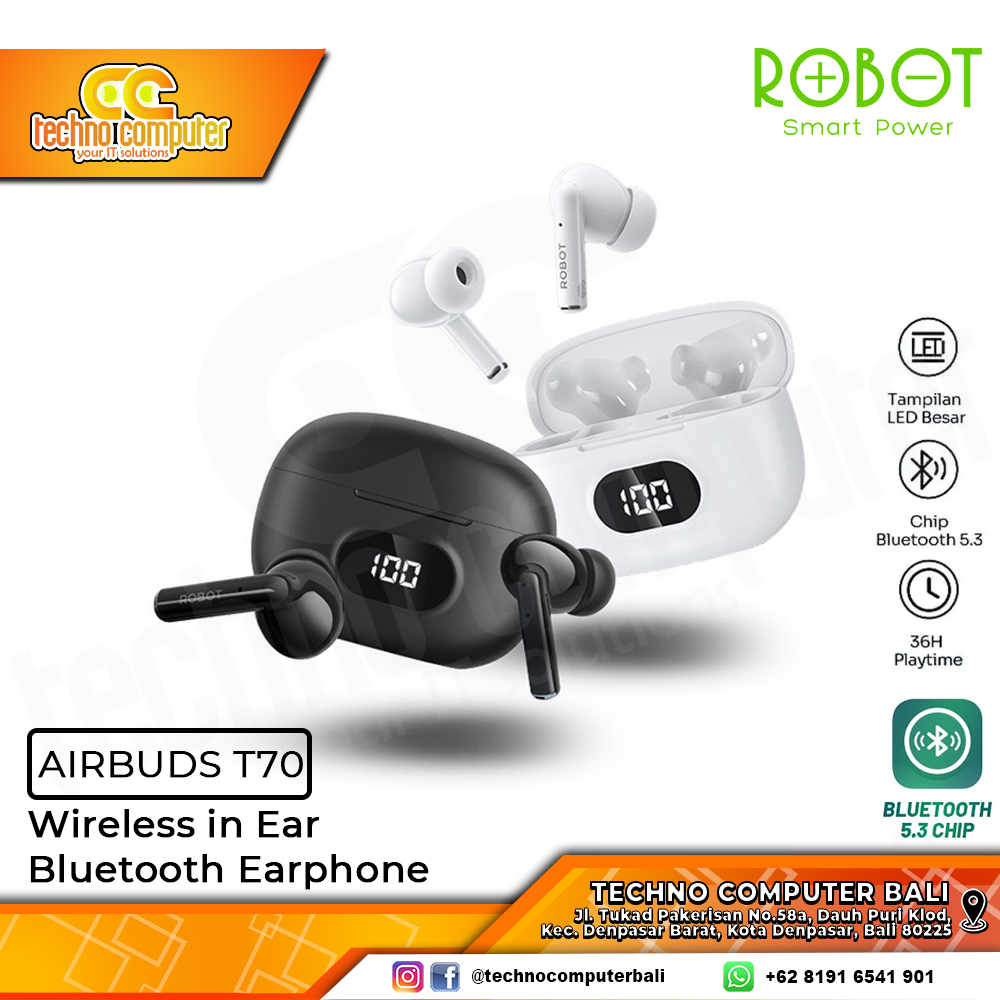 EARPHONE TWS ROBOT AIRBUDS T70 Bluetooth - Wireless Earphone