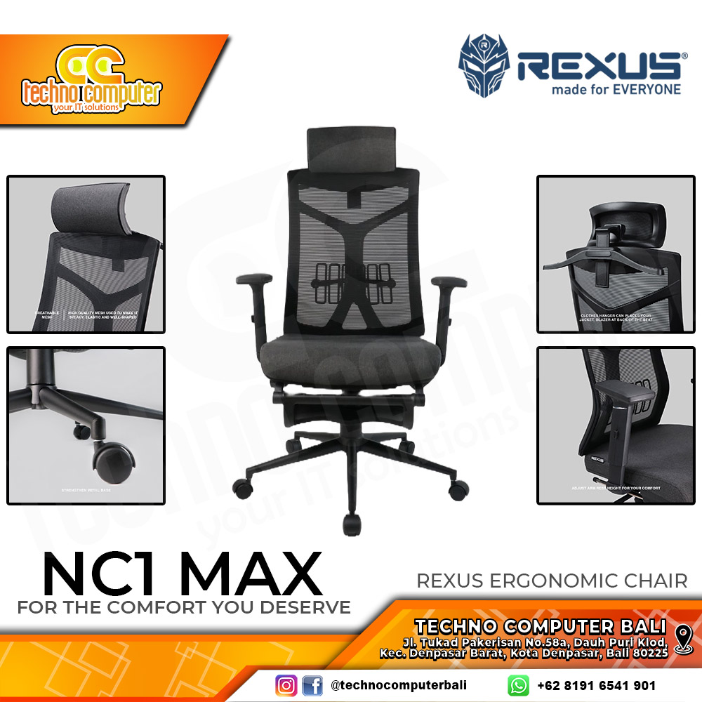 KURSI OFFICE REXUS NC1 MAX FOOTREST ERGONOMIC CHAIR - DARK GREY
