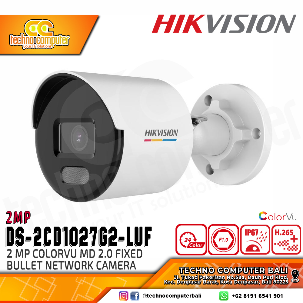 HIKVISION DS-2CD1027G2-LUF 2MP (2.8mm) OUTDOOR ColorVu MD 2.0 Fixed Bullet Network Camera CCTV