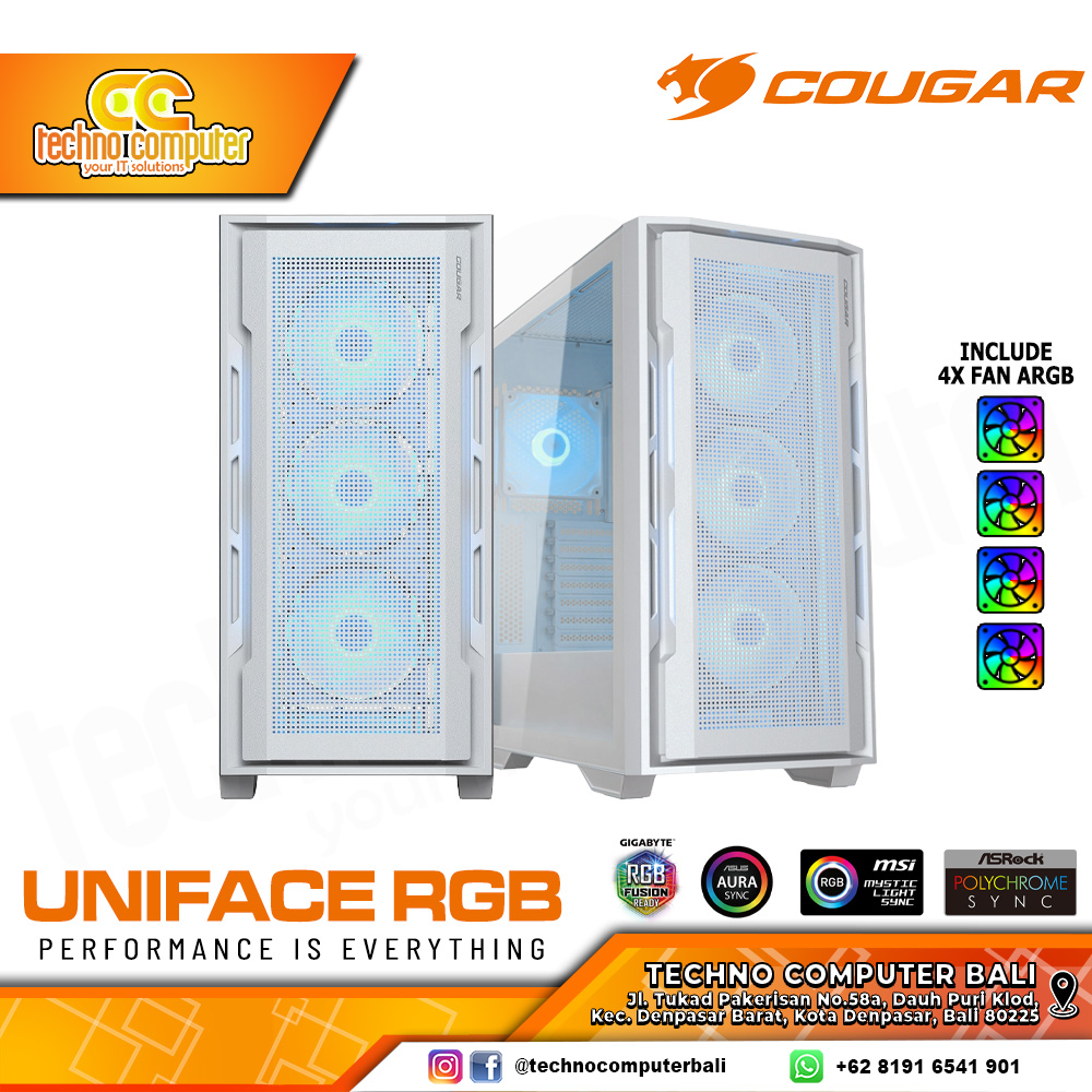 CASING COUGAR UNIFACE RGB White - Mid Tower E-ATX Case Tempered Glass (Free 3x ARGB Fan)