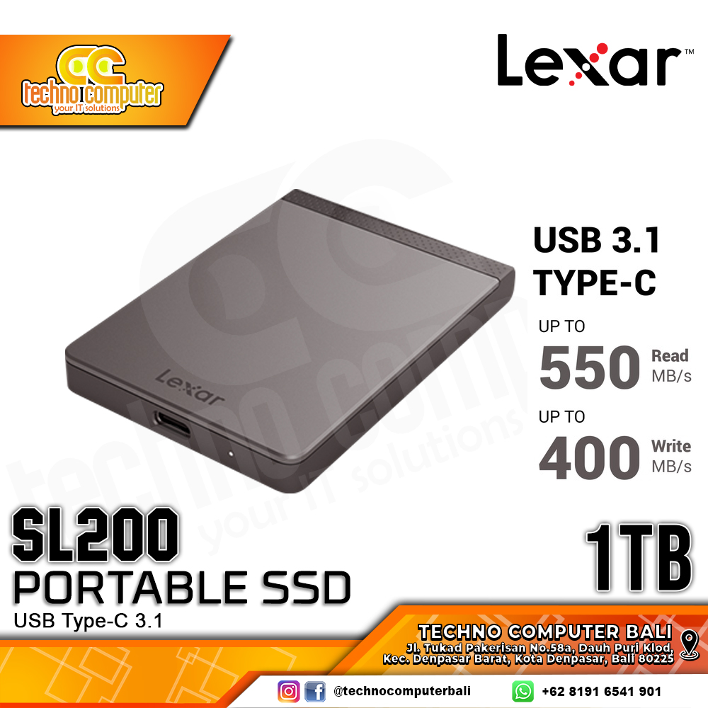 SSD EXTERNAL LEXAR SL200 PORTABLE SSD Up to 550MB/s, USB Type-C 3.1 - 1TB