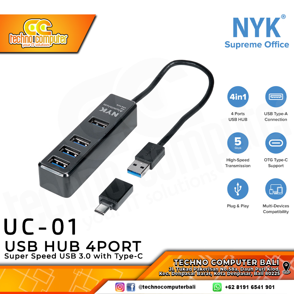 NYK USB HUB 3.0 4x Port with Type-C Adapter  - UC-01