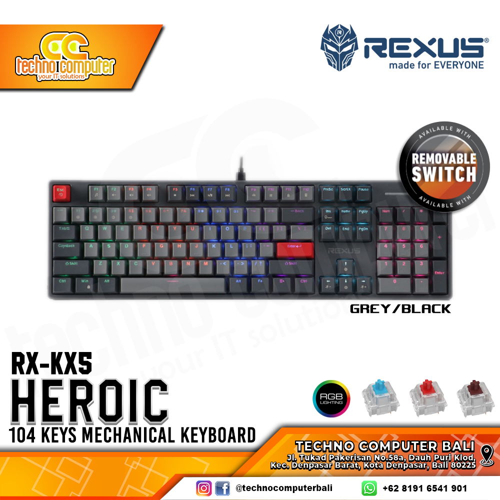 REXUS HEROIC KX5 Upgrade Grey/Black - Mechanical Bown Switch - Gaming Keyboard