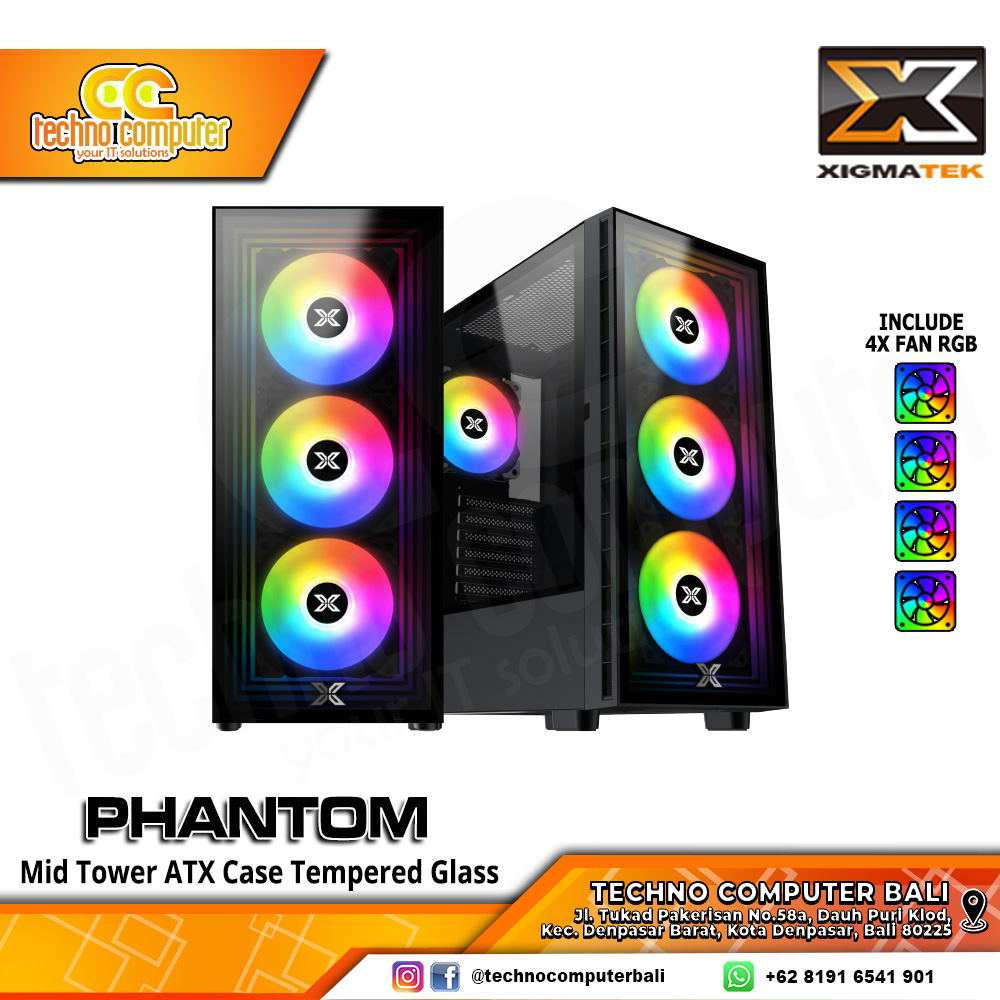 CASING XIGMATEK PHANTOM Black - Mid Tower ATX Case Tempered Glass (Free 4x RGB Fan)
