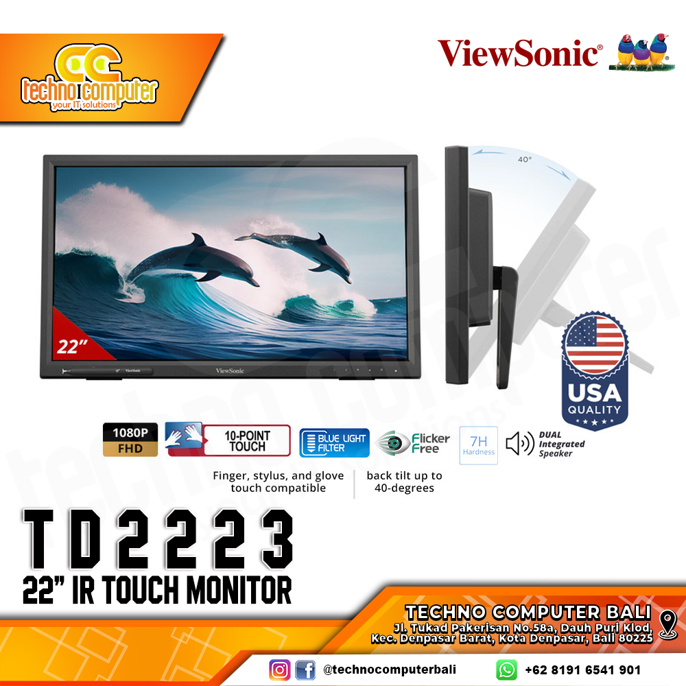 VIEWSONIC TD2223 IR Touch Screen Monitor - 22 inch FHD (1920 x 1080), VA, 65Hz, 6.5ms