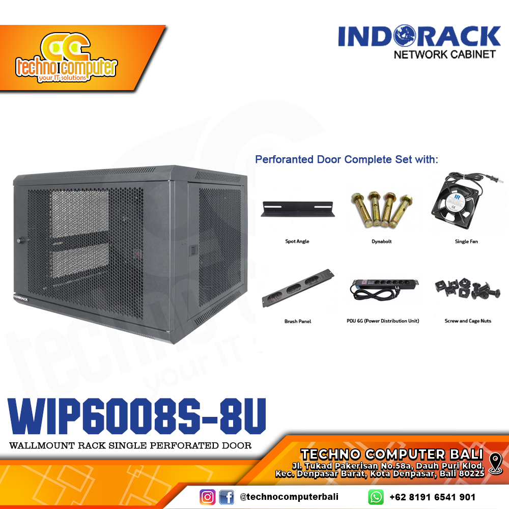 INDORACK WIP6008S-8U - Wallmount Rack Single Door 8U Depth 600mm Perforated Door 19Inch