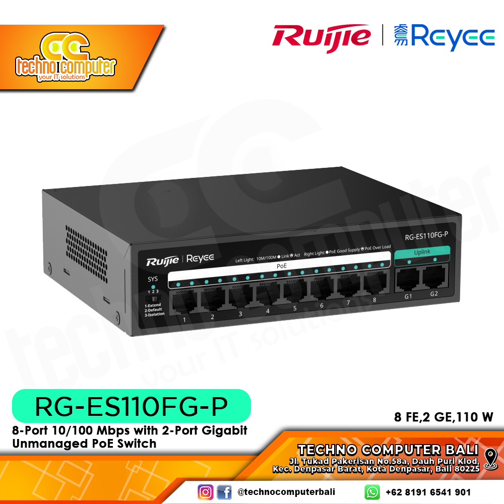 SWITCH POE RUIJIE/REYEE RG-ES110FG-P 8-Port 10/100 Mbps with 2-Port Gigabit Unmanaged PoE Switch