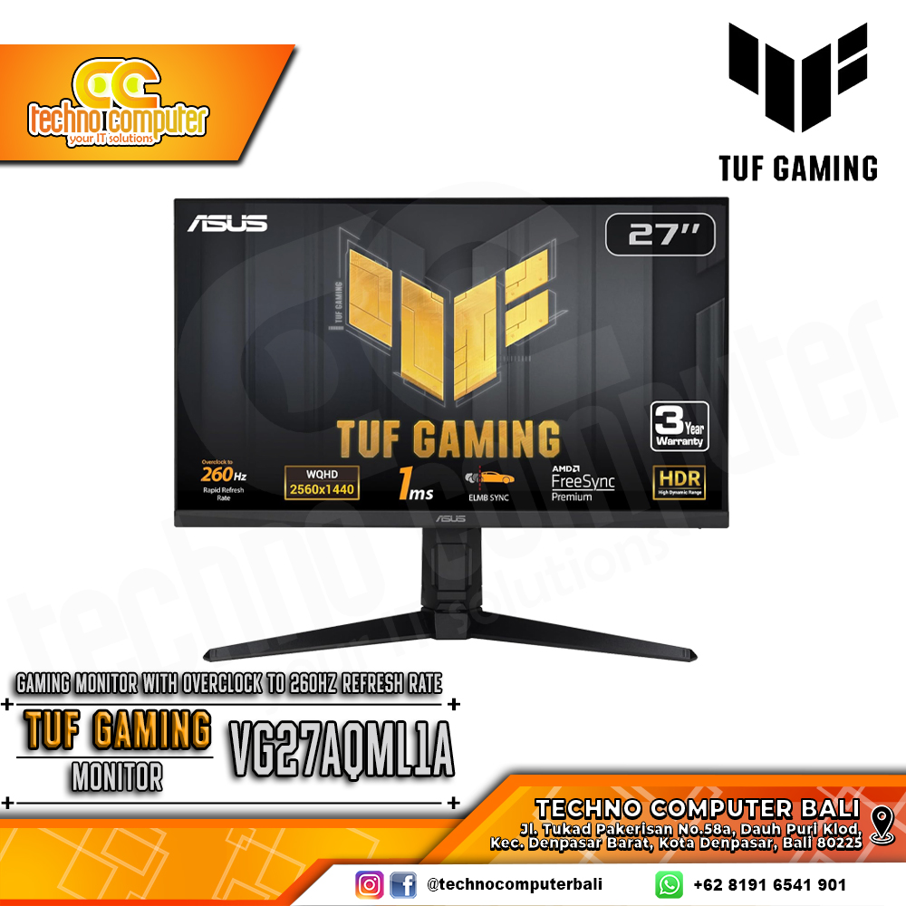 ASUS TUF GAMING VG27AQML1A Gaming Monitor - 27 inch, 2K QHD (2560 x 1440), IPS, 260Hz, 1ms