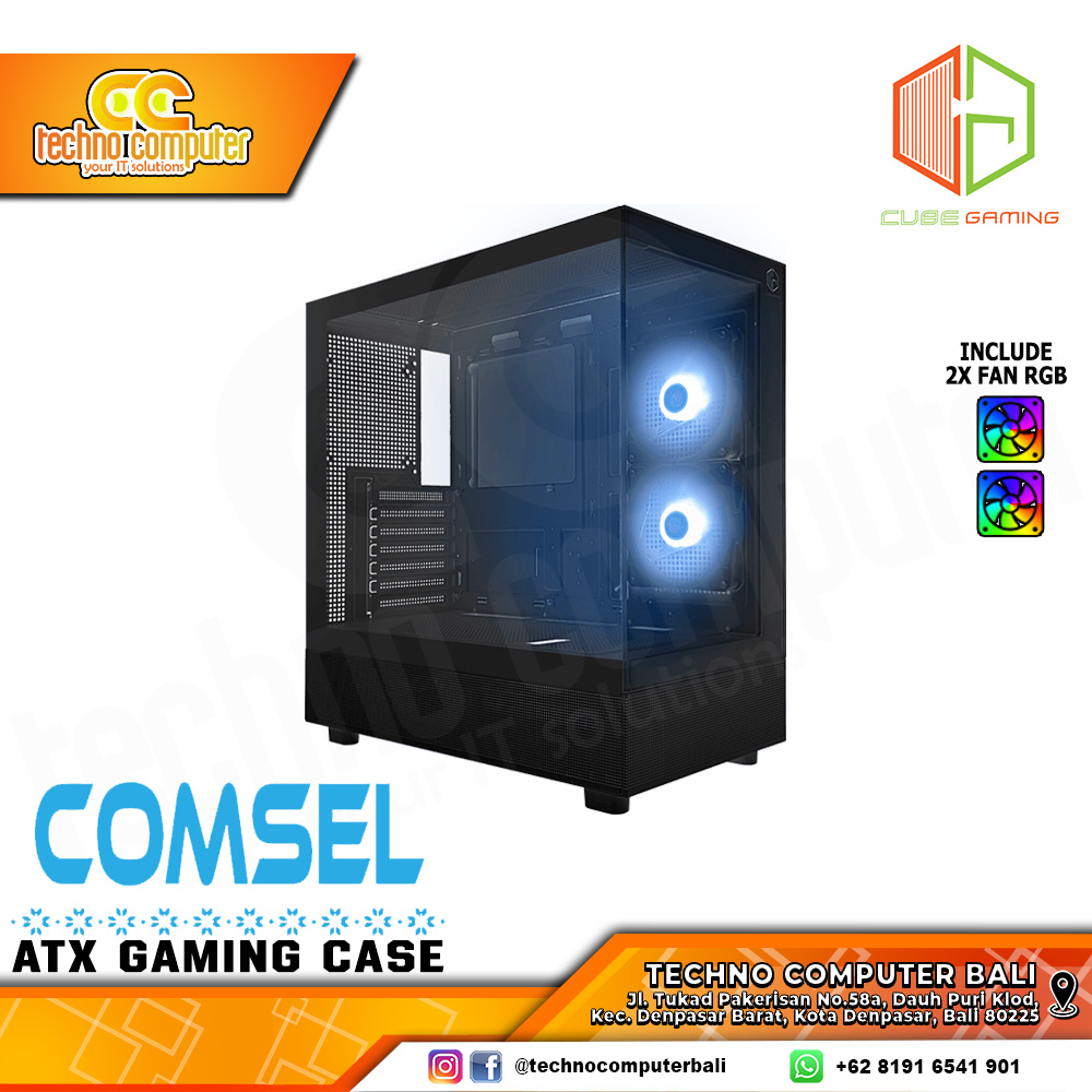 CASING CUBE GAMING COMSEL Black - Mid Tower ATX Case Tempered Glass (Free 2x RGB Fan)
