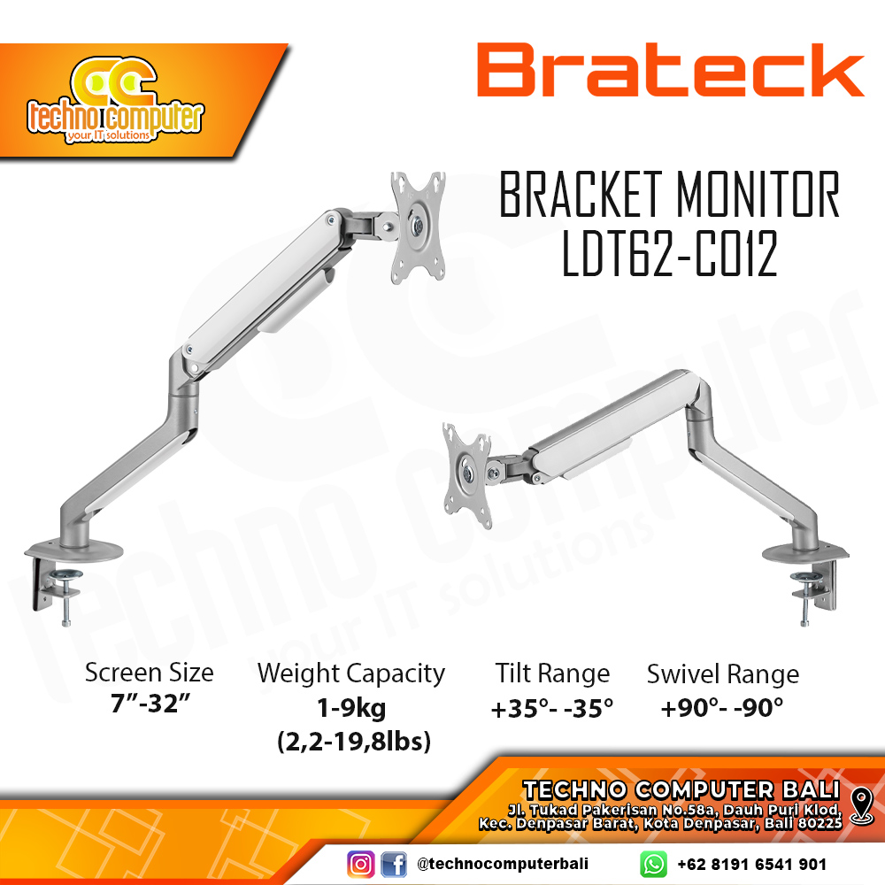 Bracket Monitor TV 17-32inch BRATECK LDT63-C012 Gas Spring Single Monitor - Silver