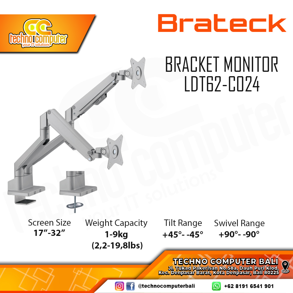 Bracket Monitor TV 17-32inch BRATECK LDT63-C024 Gas Spring Dual Monitor - Silver