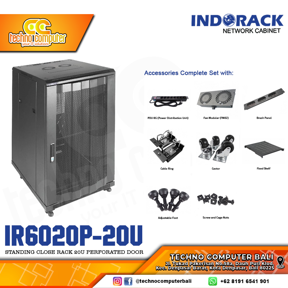 INDORACK IR6020P-20U - Standing Close Rack 20U Depth 600mm Perforated Door 19Inch