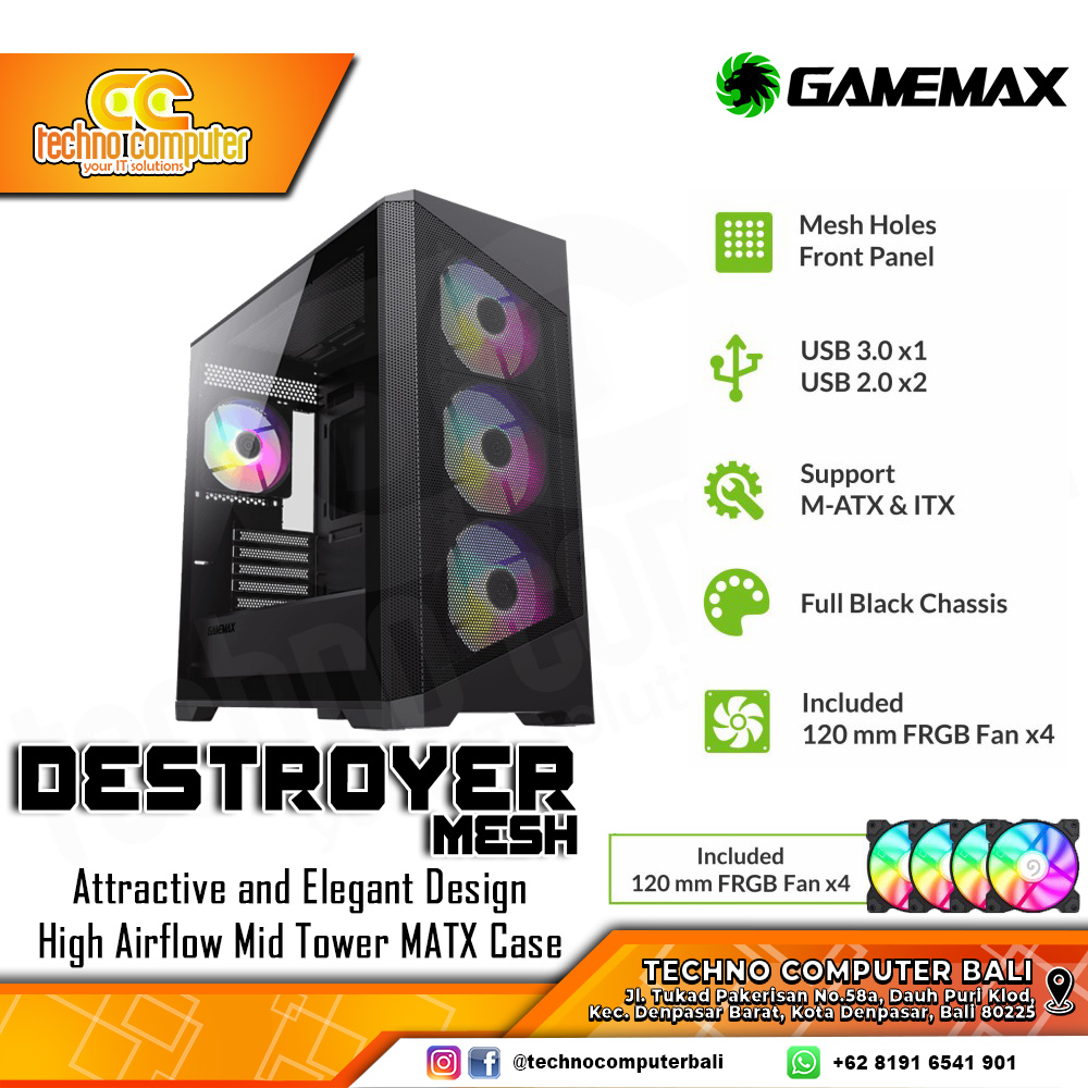 CASING GAMEMAX DESTROYER Mesh Black - Mid Tower mATX Case Mesh (Free 4x RGB Fan)