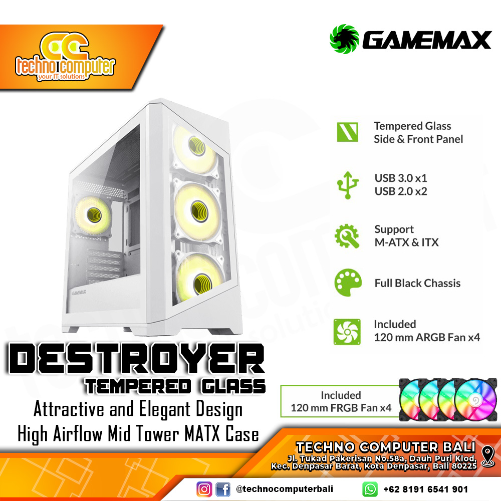 CASING GAMEMAX DESTROYER TG White - Mid Tower mATX Case Tempered Glass (Free 4x RGB Fan)
