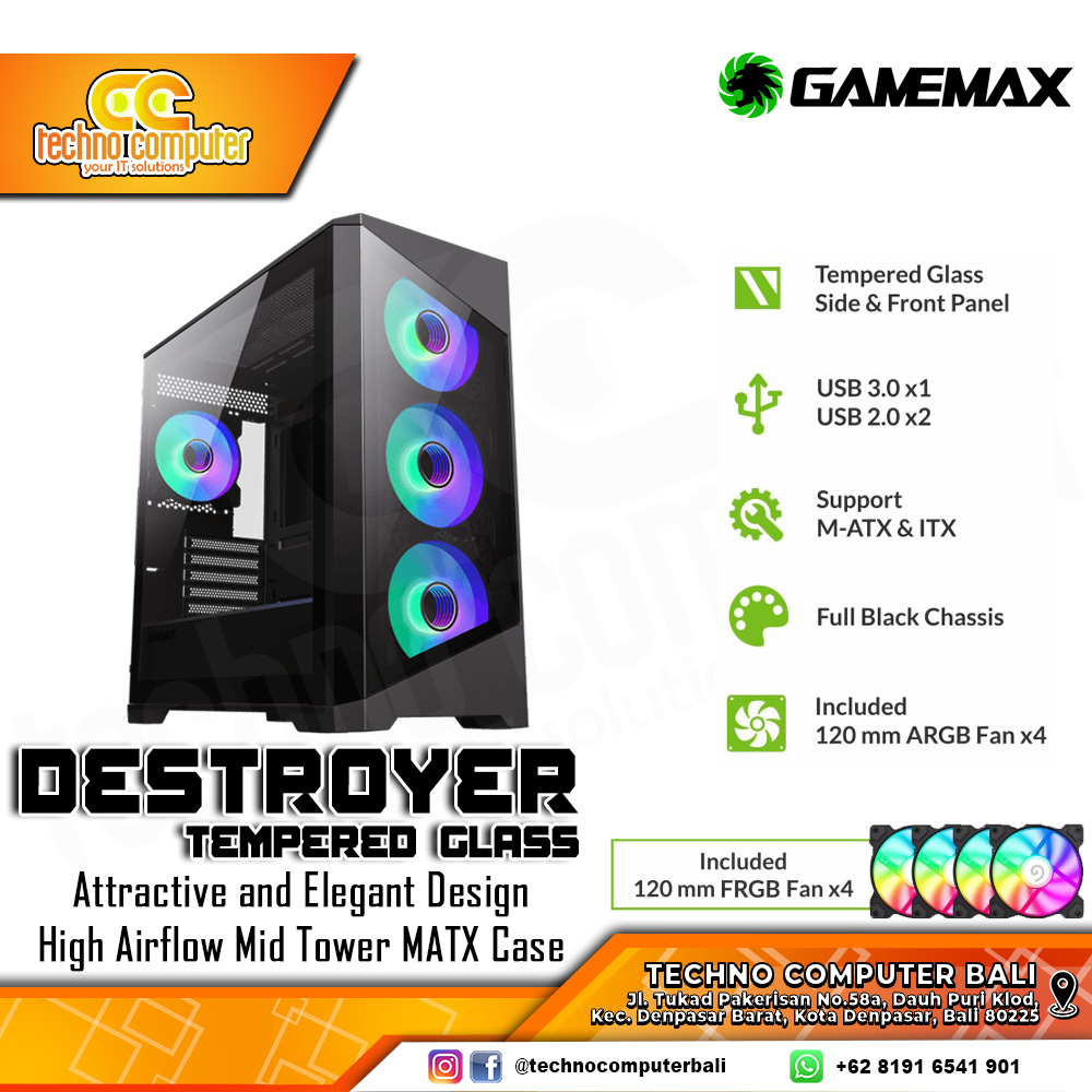 CASING GAMEMAX DESTROYER TG Black - Mid Tower mATX Case Tempered Glass (Free 4x RGB Fan)