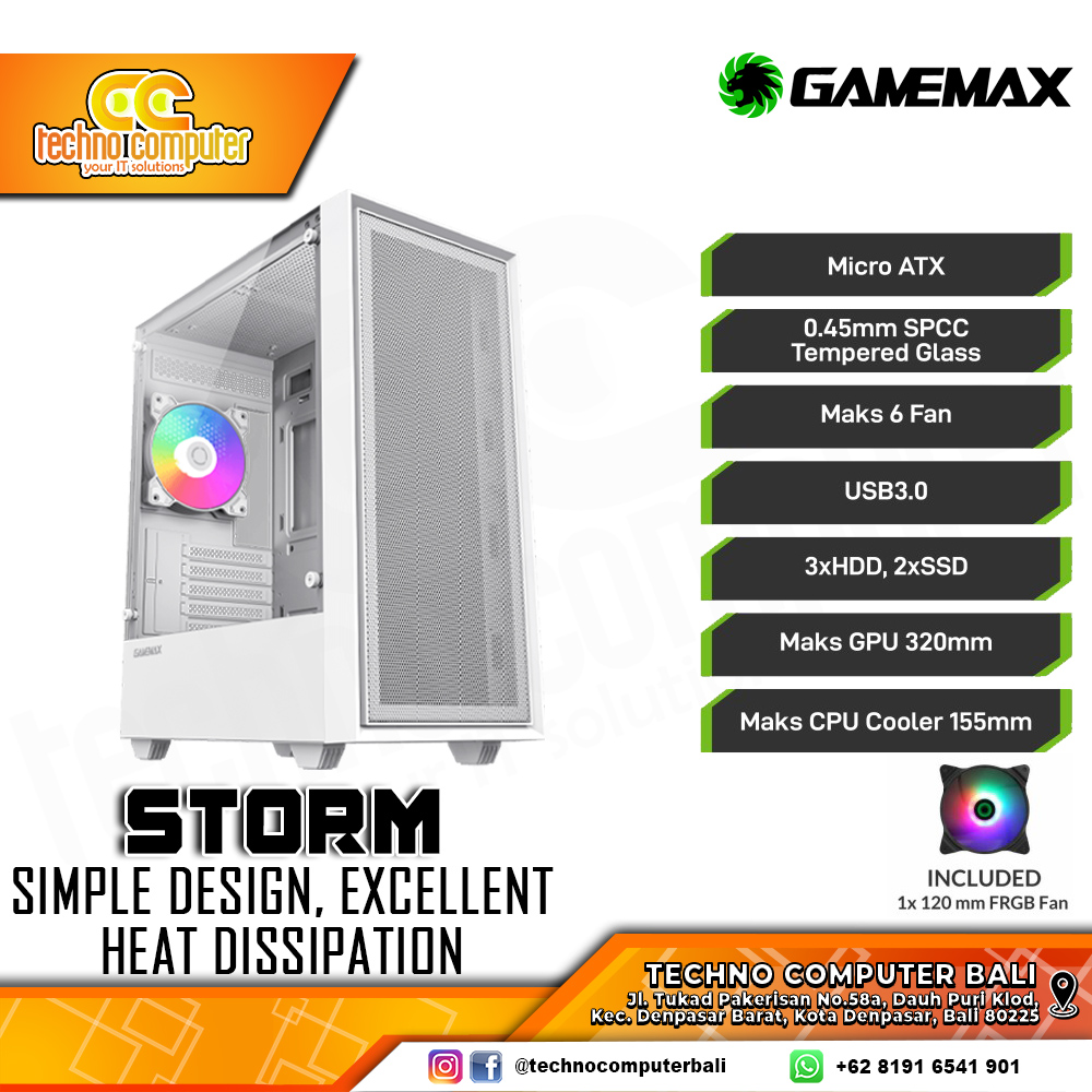 CASING GAMEMAX STORM White - Mid Tower mATX Case Tempered Glass (Free 1x RGB Fan)