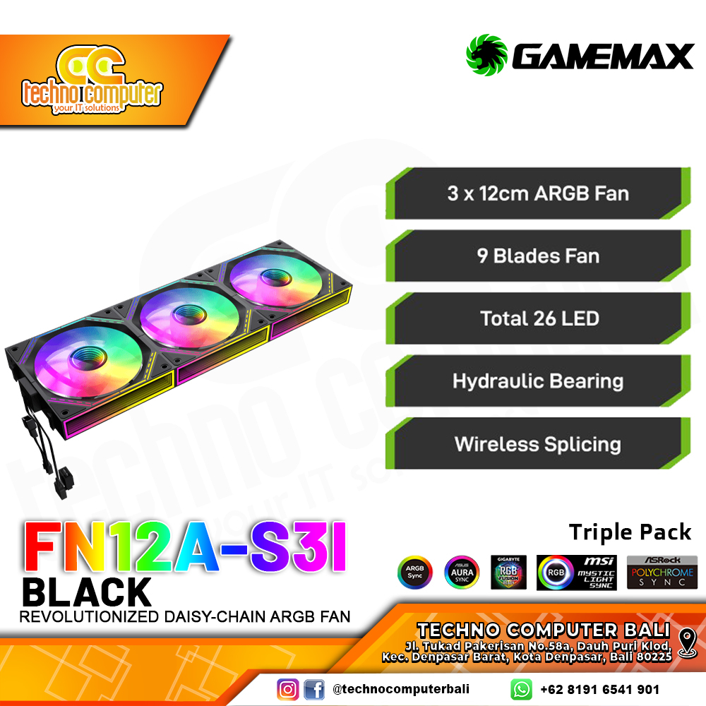 FAN CASING GAMEMAX FN12A-S3I BLACK - 120mm Triple Pack ARGB Fan