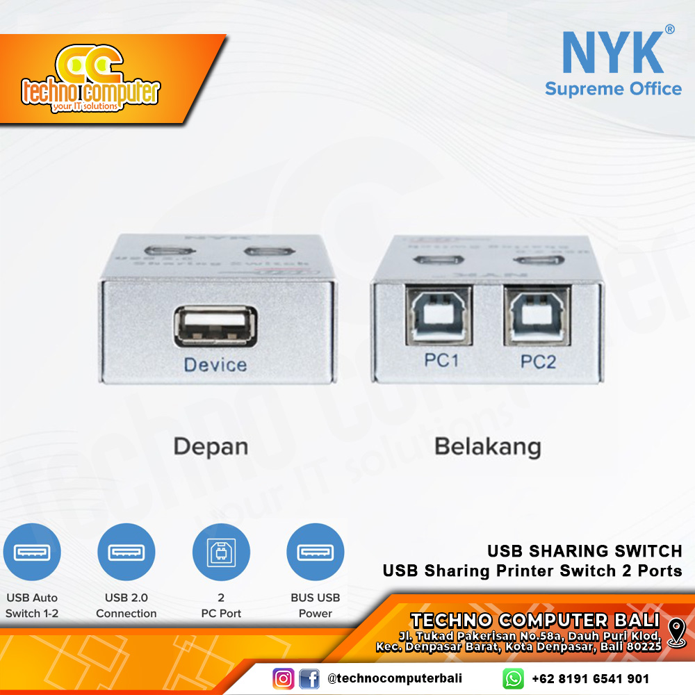 NYK USB SHARING SWITCH (2 in 1 out) USB Sharing Printer Switch 2 Ports - UY-02A
