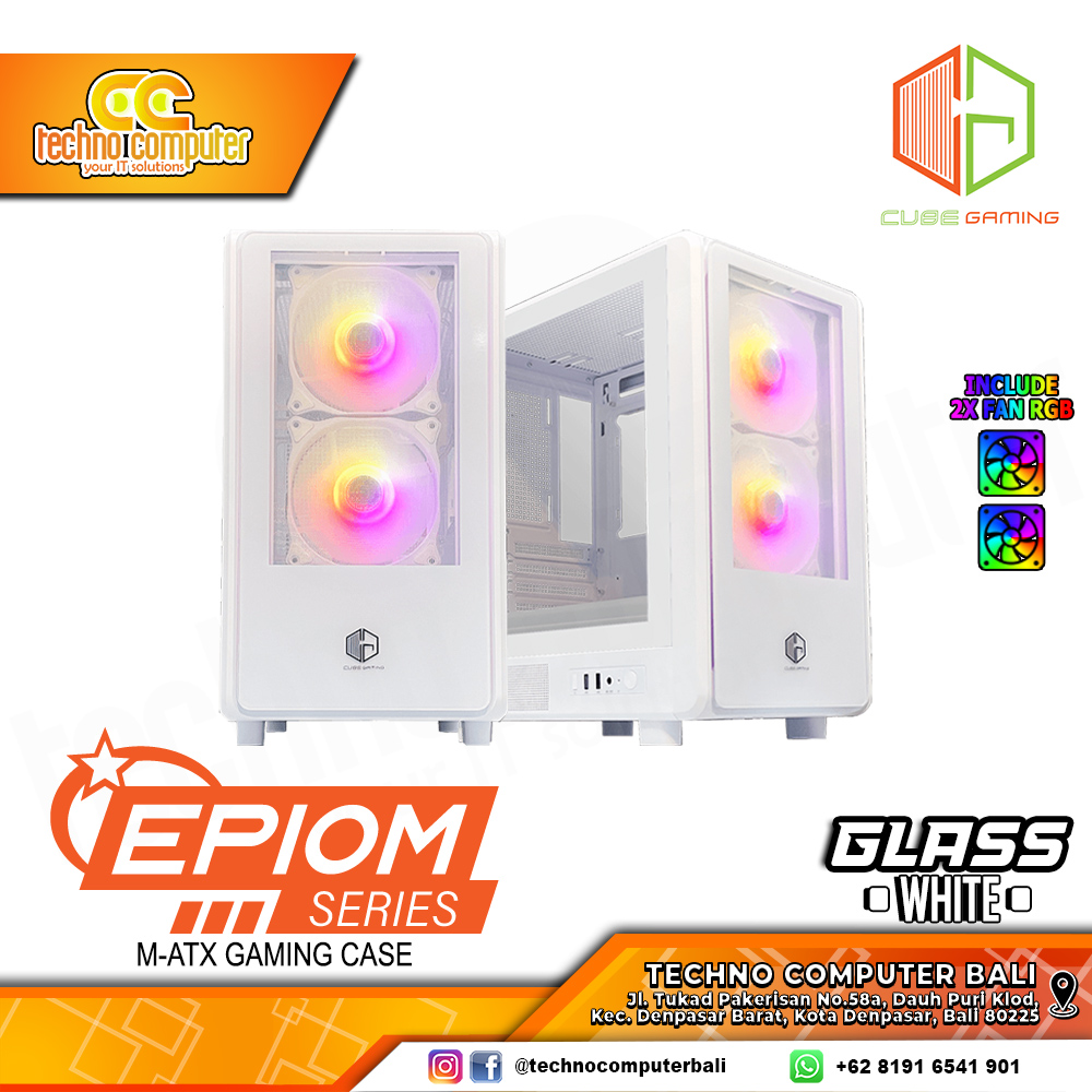 CASING CUBE GAMING EPIOM TG White - Mid Tower mATX Case Tempered Glass (Free 2x RGB Fan)