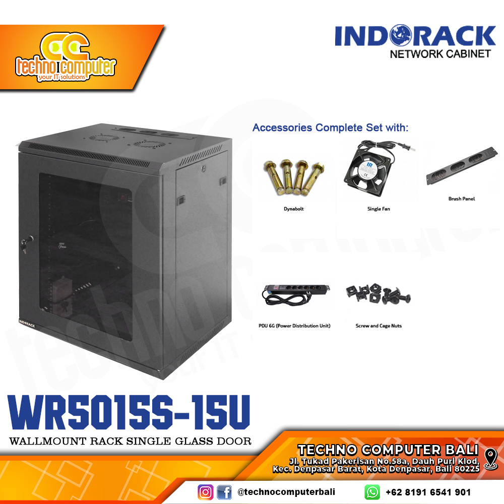 INDORACK WR5015S-15U - Wallmount Rack Single Door 15U Depth 500mm Glass Door 19Inch