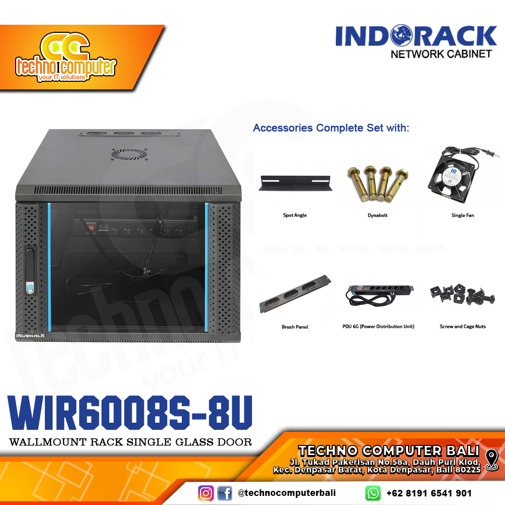 INDORACK WIR6008S-8U - Wallmount Rack Single Door 8U Depth 600mm Glass Door 19Inch