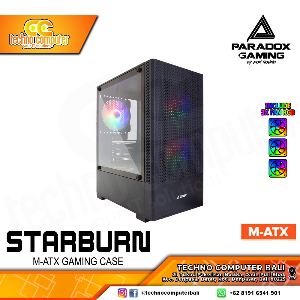 CASING PARADOX GAMING STARBURN Black - Mid Tower mATX Case Tempered Glass (Free 3x Fix RGB Fan)